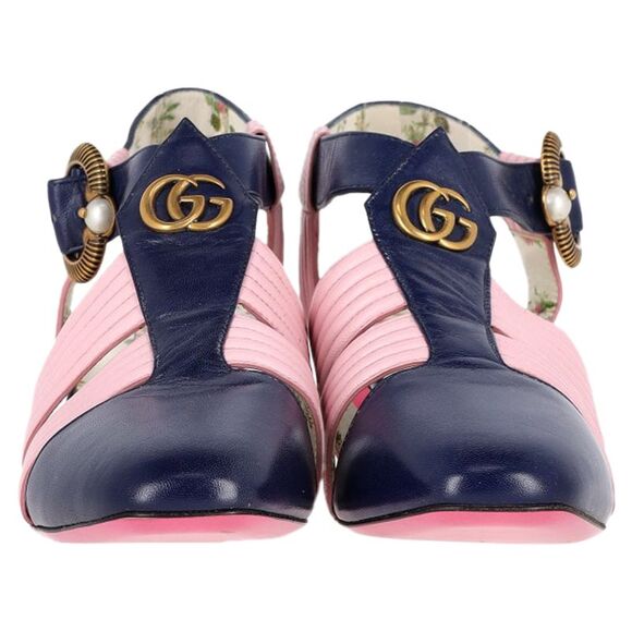 Gucci GG Logo T-Strap Mid-Heeled Sandals in Blue and Pink Leather - Picture 3 of 6